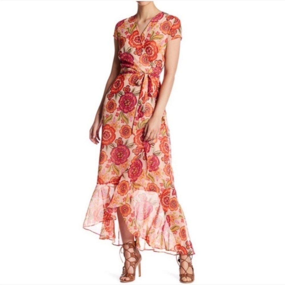 Just Taylor Sheer Floral Ruffle Faux Maxi Wrap Dress | Size 4 - Picture 3 of 6